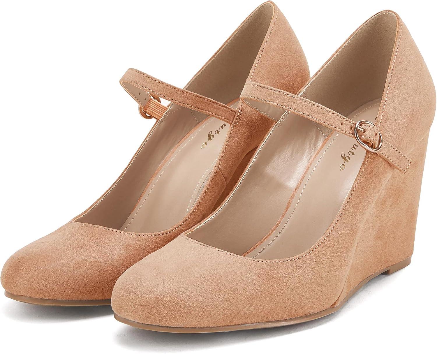 image:imageCoutgo Womens Wedge Pumps Dressy Mary Jane Shoes Comfort Wedges Closed Toe Ankle Strap Heeled ShoesKhaki