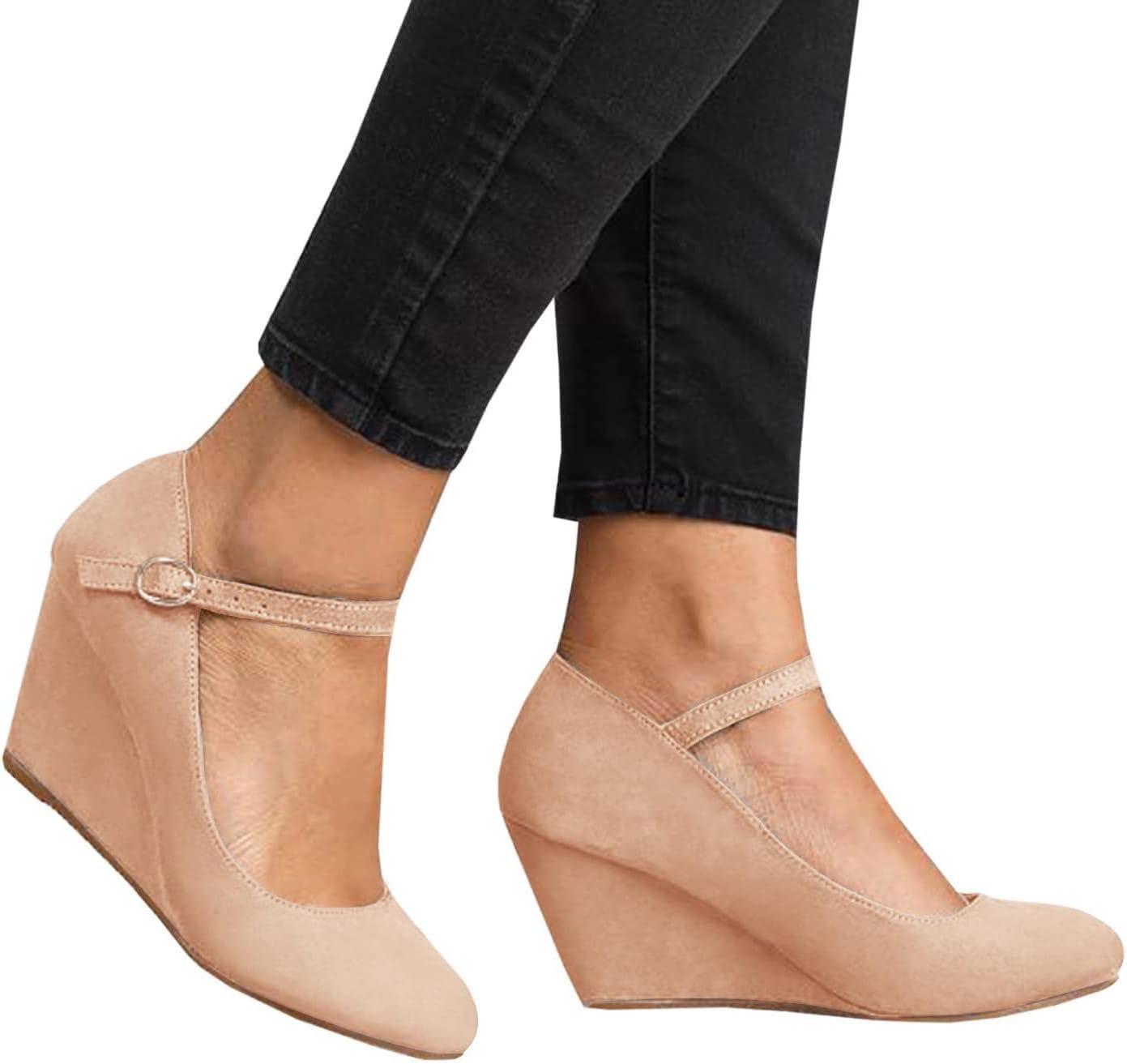 image:imageCoutgo Womens Wedge Pumps Dressy Mary Jane Shoes Comfort Wedges Closed Toe Ankle Strap Heeled ShoesKhaki