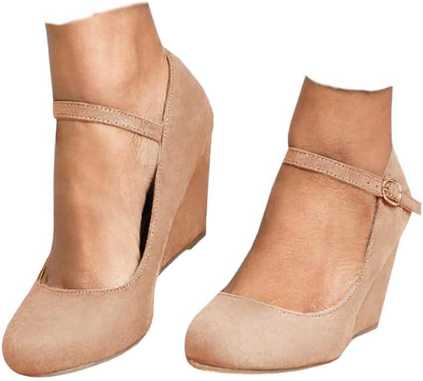 image:imageCoutgo Womens Wedge Pumps Dressy Mary Jane Shoes Comfort Wedges Closed Toe Ankle Strap Heeled ShoesKhaki