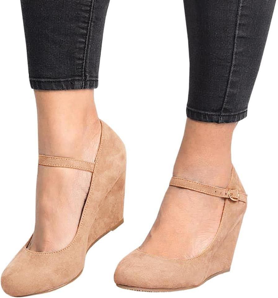 image:imageCoutgo Womens Wedge Pumps Dressy Mary Jane Shoes Comfort Wedges Closed Toe Ankle Strap Heeled ShoesKhaki