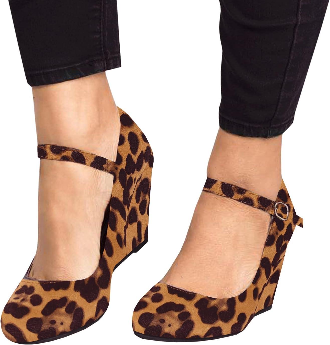 image:imageCoutgo Womens Wedge Pumps Dressy Mary Jane Shoes Comfort Wedges Closed Toe Ankle Strap Heeled ShoesLeopard