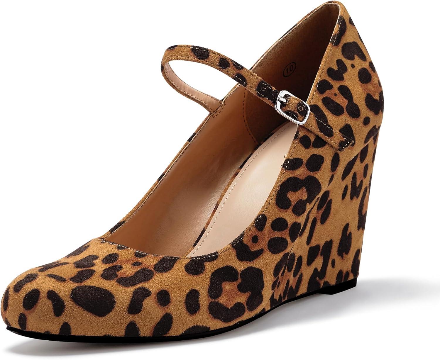 image:imageCoutgo Womens Wedge Pumps Dressy Mary Jane Shoes Comfort Wedges Closed Toe Ankle Strap Heeled ShoesLeopard