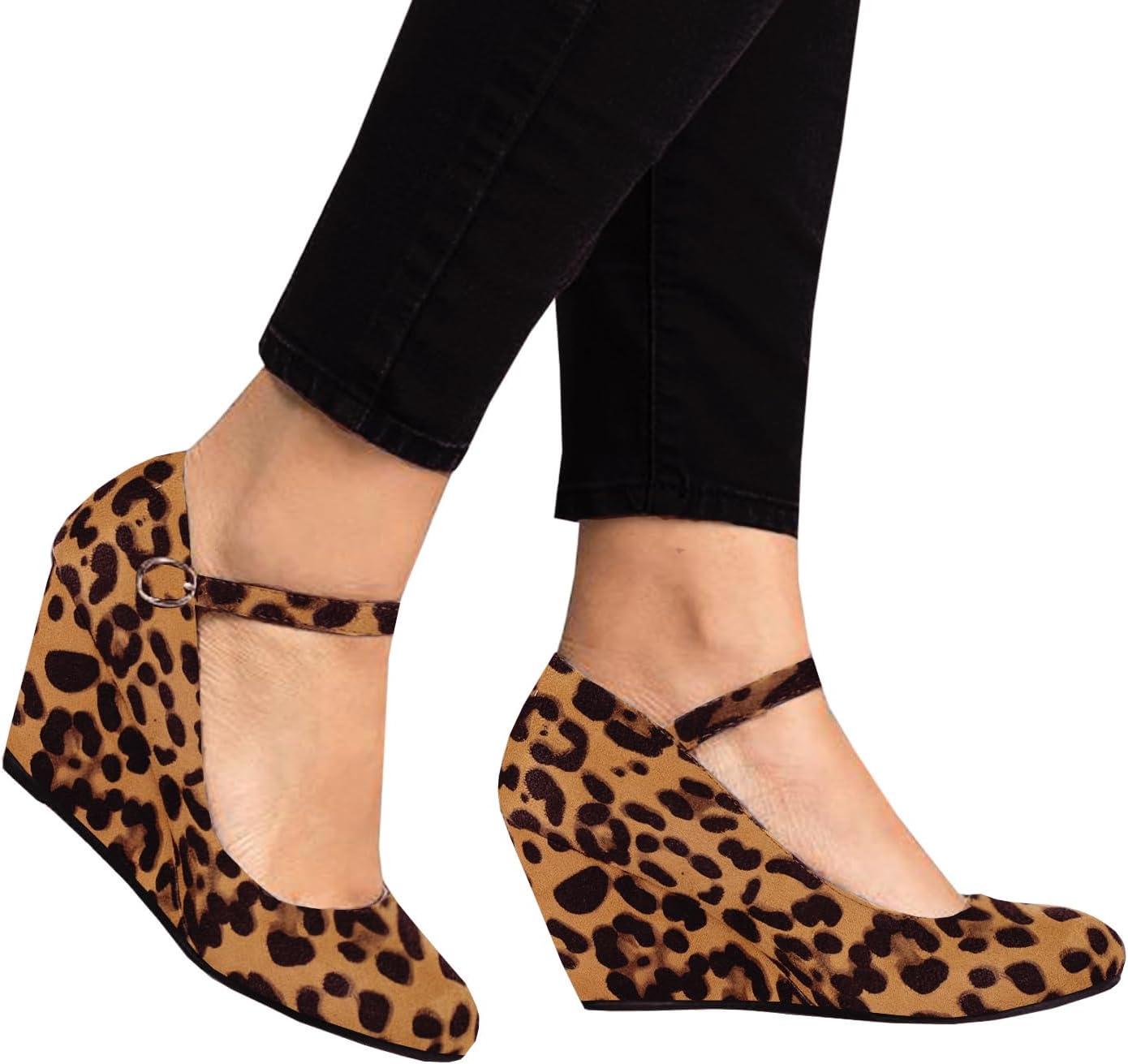 image:imageCoutgo Womens Wedge Pumps Dressy Mary Jane Shoes Comfort Wedges Closed Toe Ankle Strap Heeled ShoesLeopard