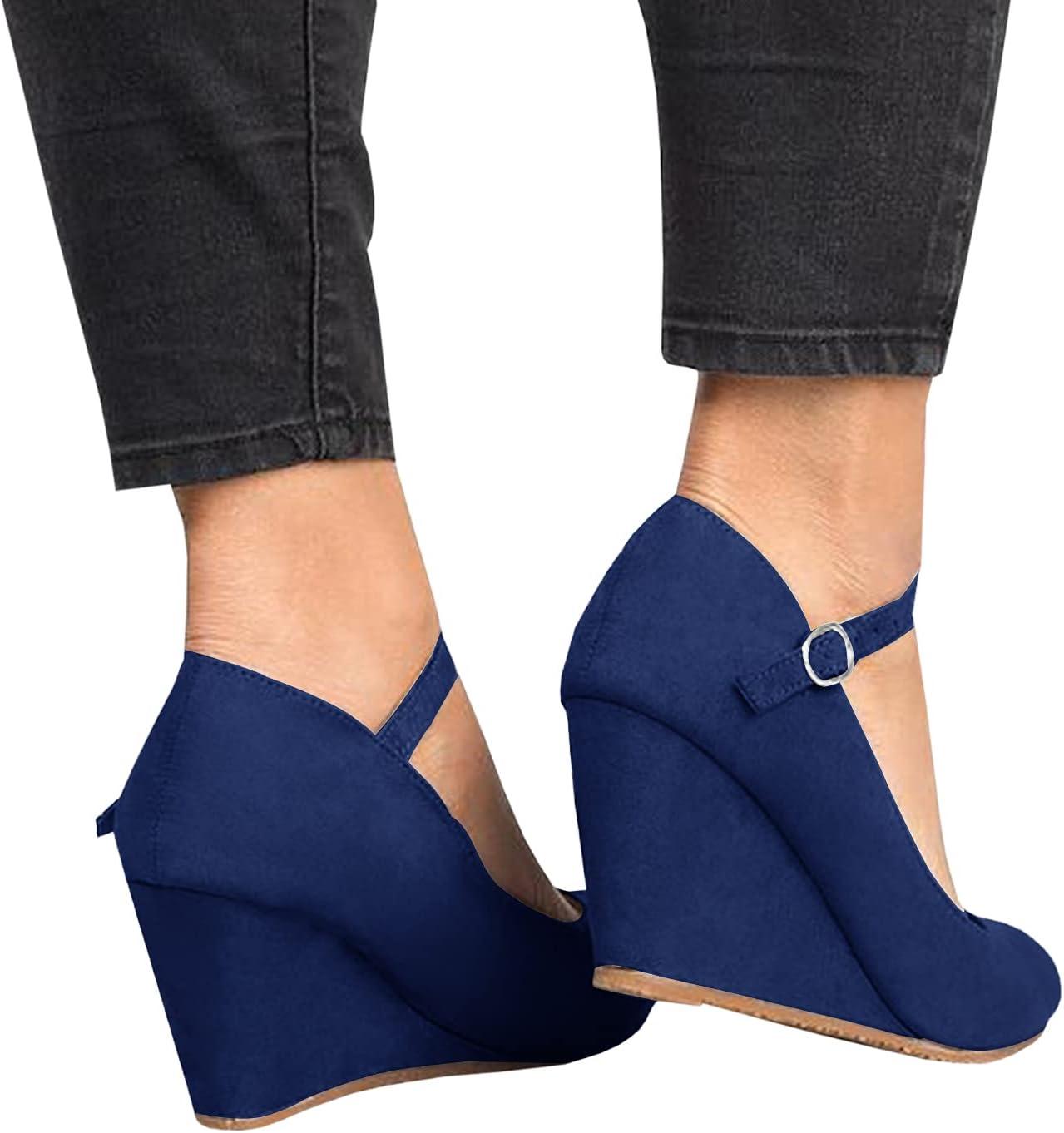 image:imageCoutgo Womens Wedge Pumps Dressy Mary Jane Shoes Comfort Wedges Closed Toe Ankle Strap Heeled ShoesNavy Blue