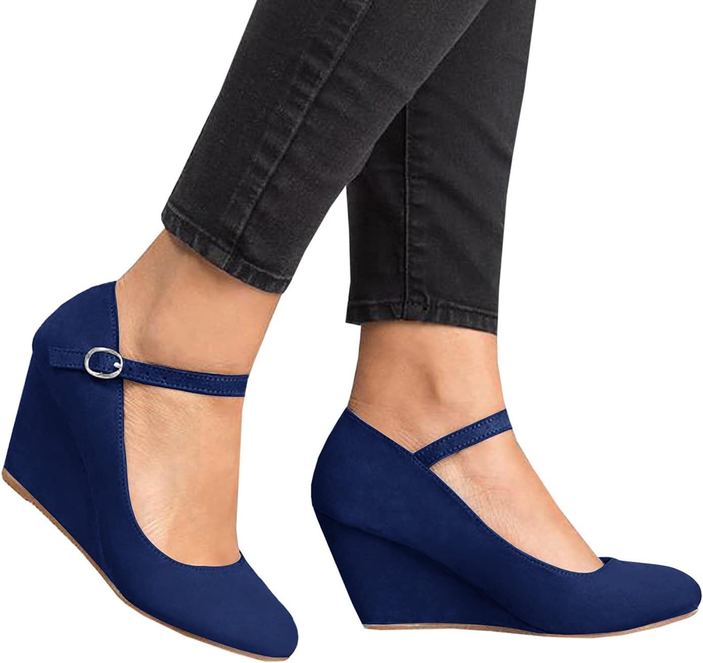 image:imageCoutgo Womens Wedge Pumps Dressy Mary Jane Shoes Comfort Wedges Closed Toe Ankle Strap Heeled ShoesNavy Blue