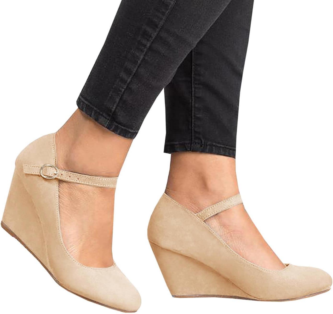 image:imageCoutgo Womens Wedge Pumps Dressy Mary Jane Shoes Comfort Wedges Closed Toe Ankle Strap Heeled ShoesNude