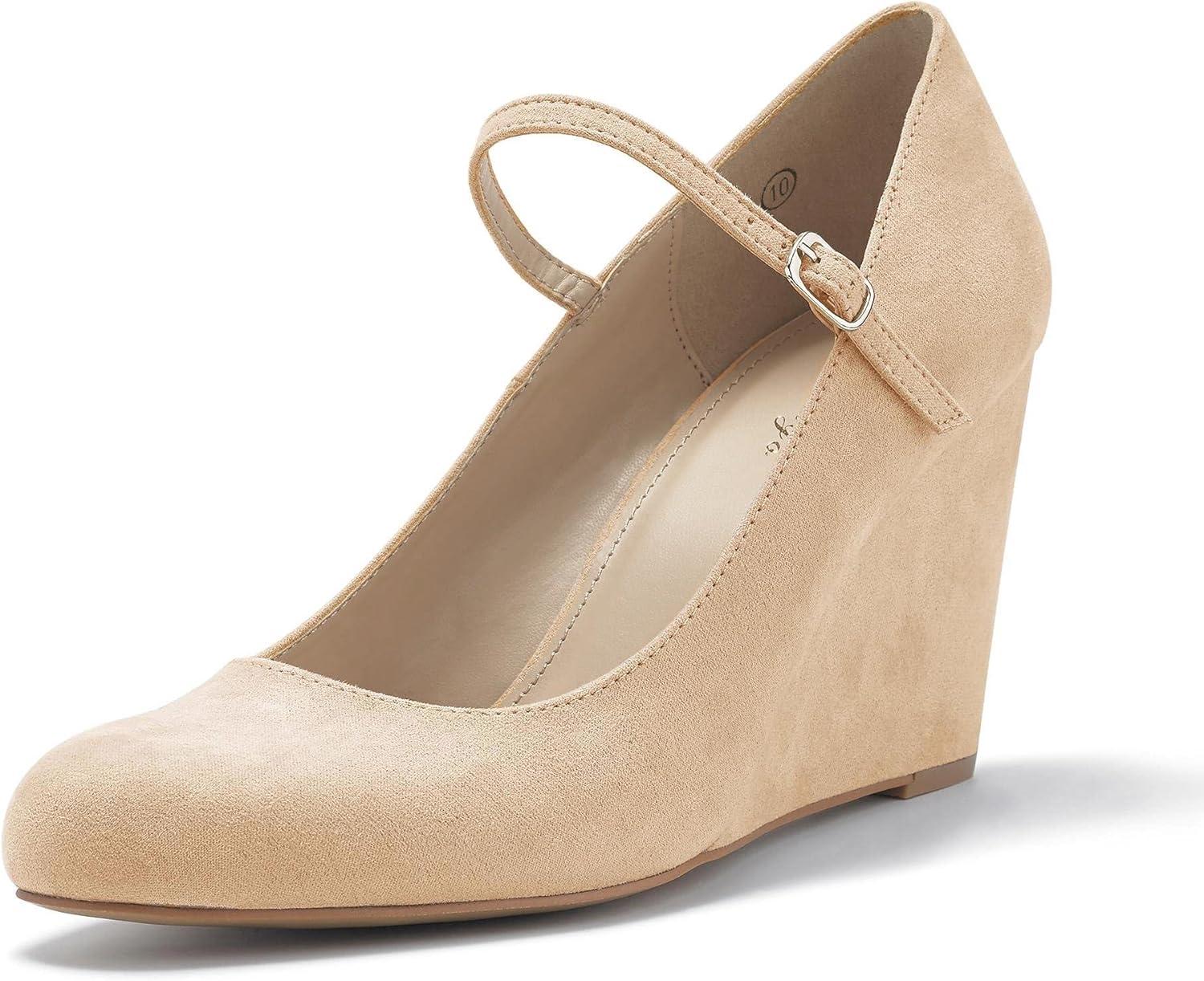 image:imageCoutgo Womens Wedge Pumps Dressy Mary Jane Shoes Comfort Wedges Closed Toe Ankle Strap Heeled ShoesNude