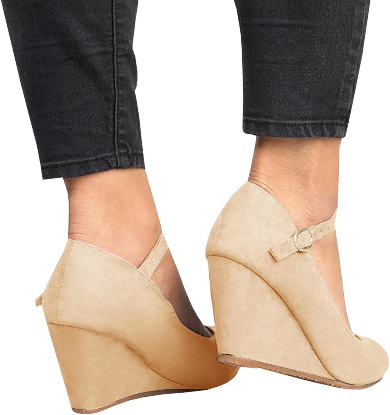 image:imageCoutgo Womens Wedge Pumps Dressy Mary Jane Shoes Comfort Wedges Closed Toe Ankle Strap Heeled ShoesNude