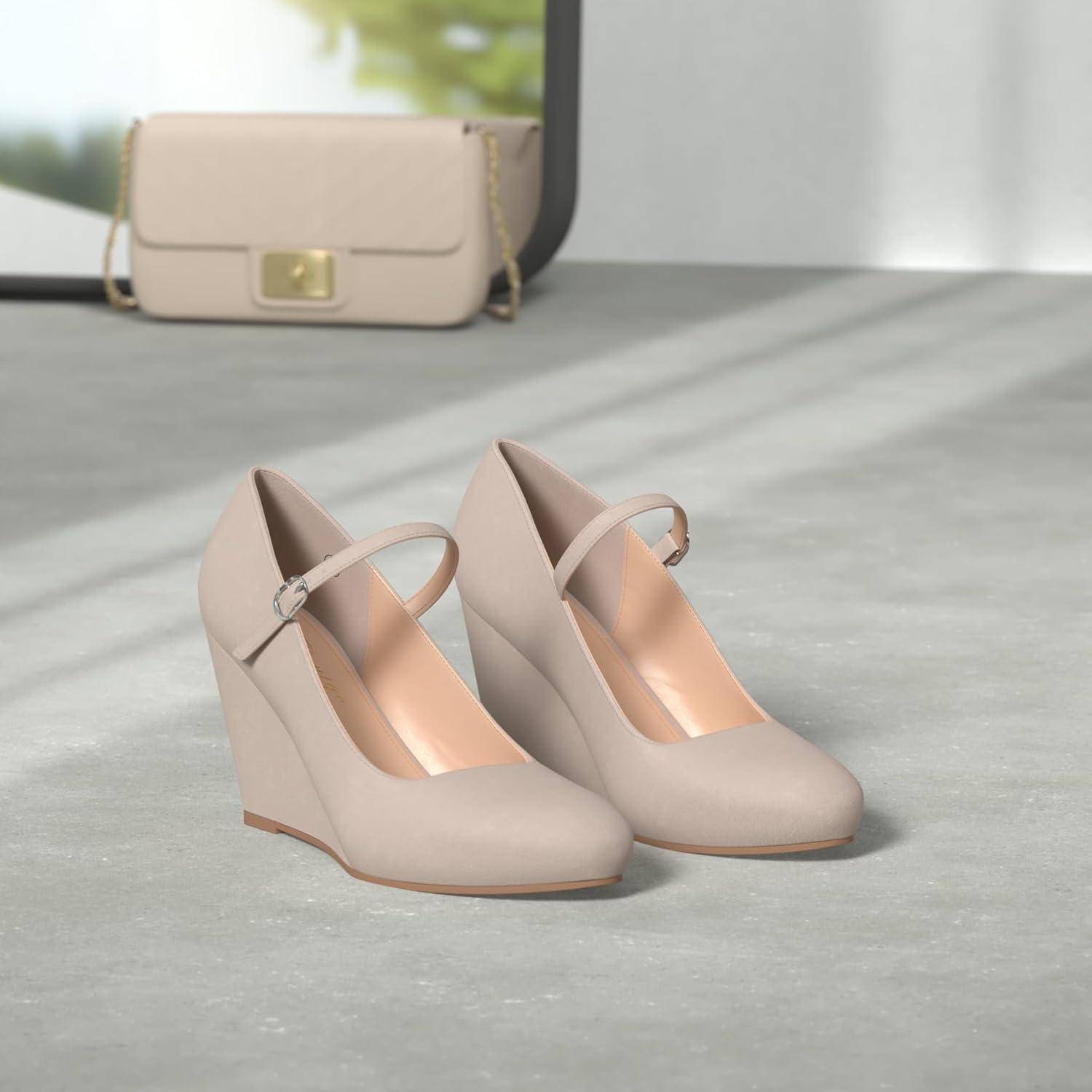 image:imageCoutgo Womens Wedge Pumps Dressy Mary Jane Shoes Comfort Wedges Closed Toe Ankle Strap Heeled ShoesNude