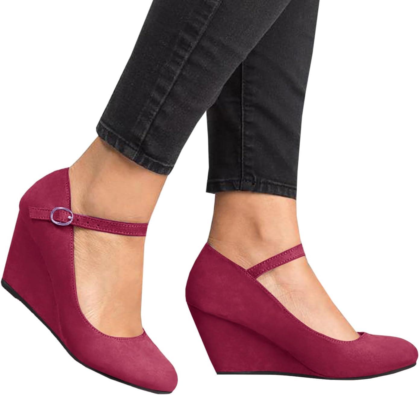 image:imageCoutgo Womens Wedge Pumps Dressy Mary Jane Shoes Comfort Wedges Closed Toe Ankle Strap Heeled ShoesWine Red