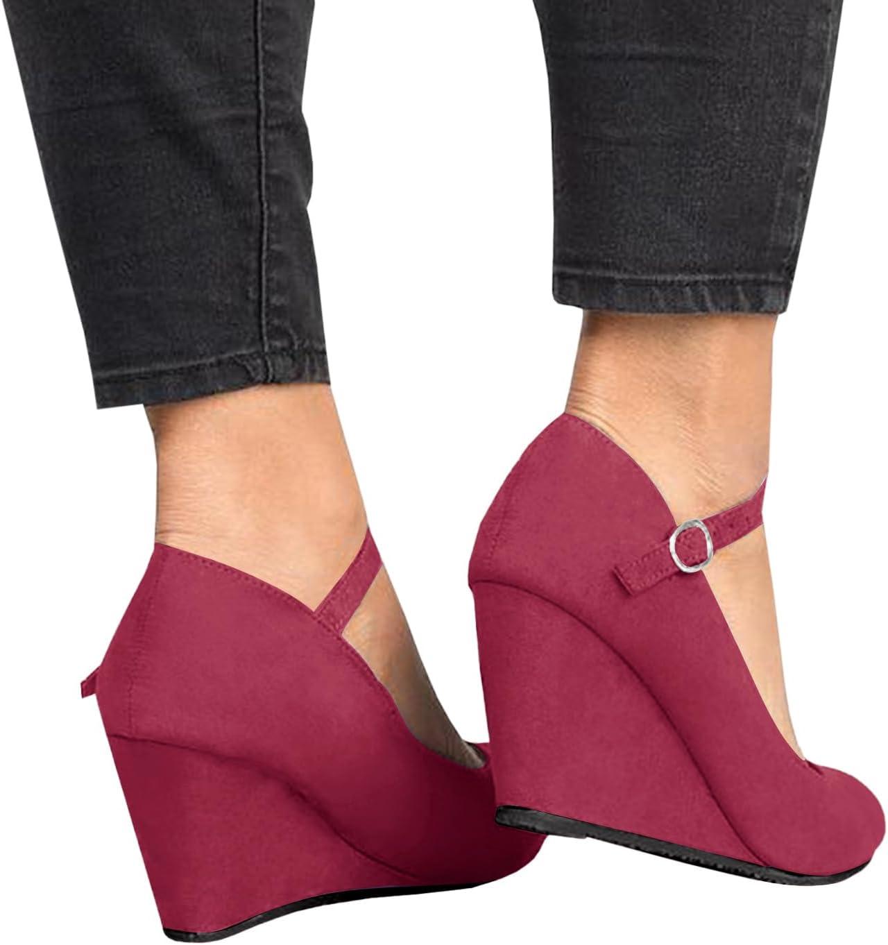 image:imageCoutgo Womens Wedge Pumps Dressy Mary Jane Shoes Comfort Wedges Closed Toe Ankle Strap Heeled ShoesWine Red