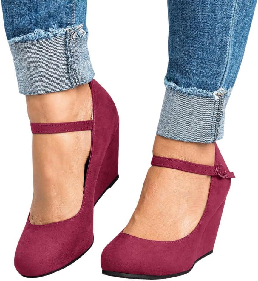 image:imageCoutgo Womens Wedge Pumps Dressy Mary Jane Shoes Comfort Wedges Closed Toe Ankle Strap Heeled ShoesWine Red