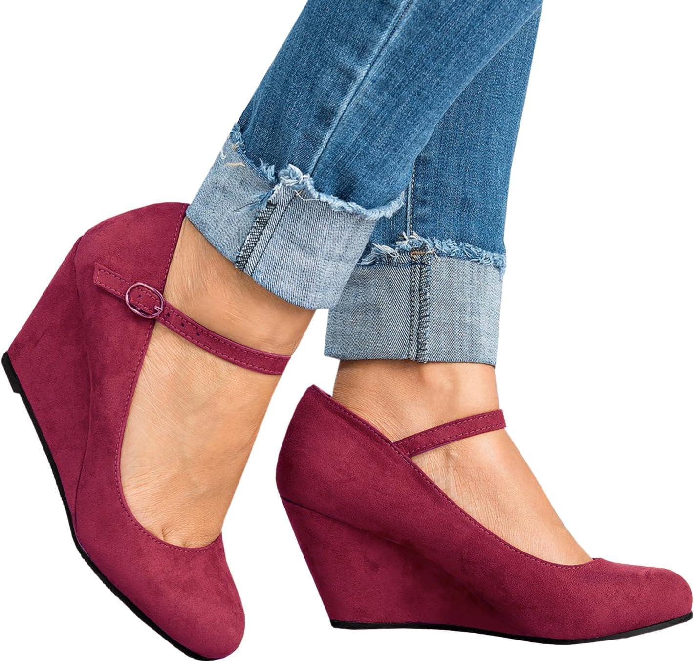 image:imageCoutgo Womens Wedge Pumps Dressy Mary Jane Shoes Comfort Wedges Closed Toe Ankle Strap Heeled ShoesWine Red