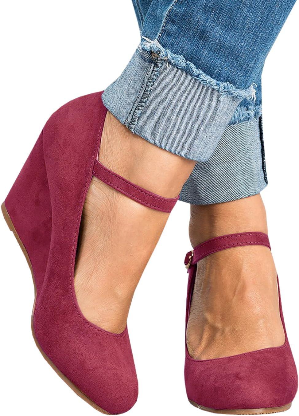 image:imageCoutgo Womens Wedge Pumps Dressy Mary Jane Shoes Comfort Wedges Closed Toe Ankle Strap Heeled ShoesWine Red