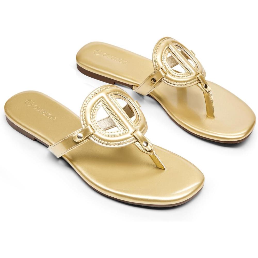 image:imageCoutgo Womens Flat Thong Sandals Square Open Toe Flip Flops Slip On Slides Dressy Summer Beach ShoesGold