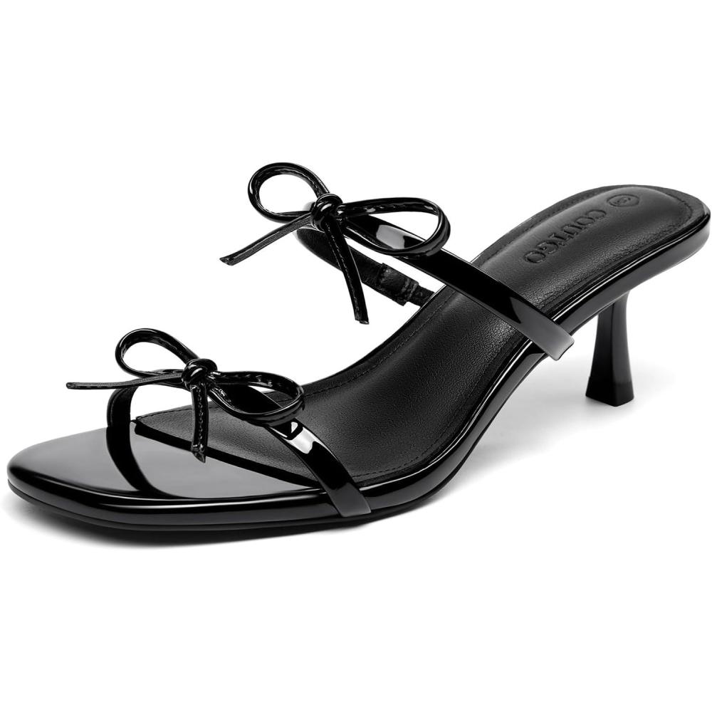 image:imageCoutgo Womens Kitten Heels Sandals Bow Square Open Toe Slides Two Strap Slip On Summer Dress ShoesBlack