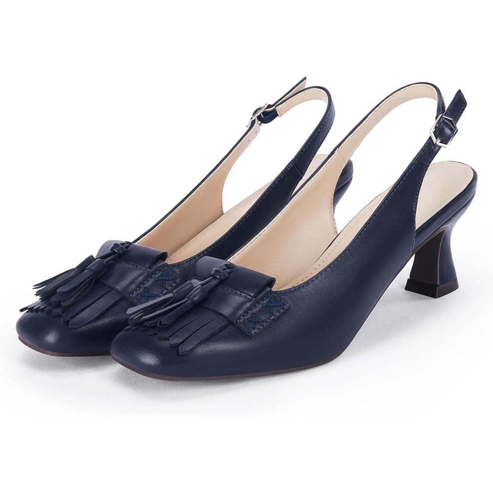 image:imageCoutgo Womens Slingback Kitten Heels Pumps Closed Square Toe Sexy Low Heel Tassels Party Wedding Dress ShoesNavy Blue