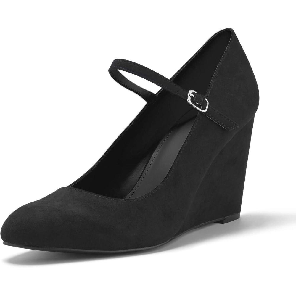 image:imageCoutgo Womens Wedge Pumps Dressy Mary Jane Shoes Comfort Wedges Closed Toe Ankle Strap Heeled ShoesBlack
