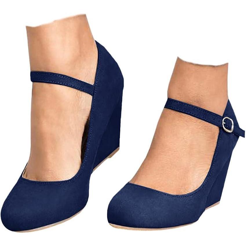 image:imageCoutgo Womens Wedge Pumps Dressy Mary Jane Shoes Comfort Wedges Closed Toe Ankle Strap Heeled ShoesNavy Blue