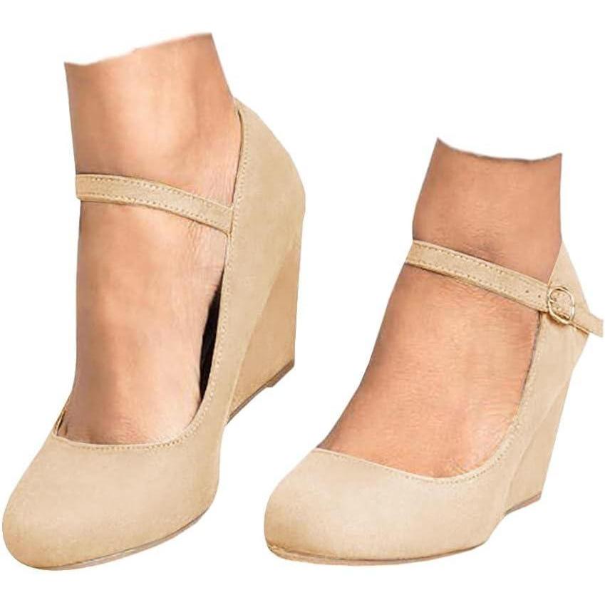 image:imageCoutgo Womens Wedge Pumps Dressy Mary Jane Shoes Comfort Wedges Closed Toe Ankle Strap Heeled ShoesNude