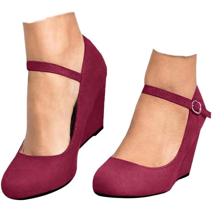 image:imageCoutgo Womens Wedge Pumps Dressy Mary Jane Shoes Comfort Wedges Closed Toe Ankle Strap Heeled ShoesWine Red