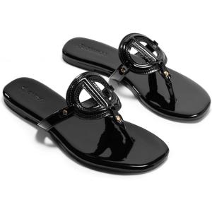 Coutgo Womens Flat Thong Sandals Square Open Toe Flip Flops Slip On Slides Dressy Summer Beach Shoes(Black)