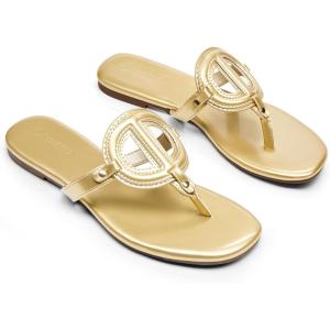 Coutgo Womens Flat Thong Sandals Square Open Toe Flip Flops Slip On Slides Dressy Summer Beach Shoes(Gold)