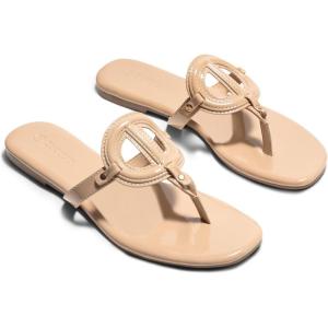 Coutgo Womens Flat Thong Sandals Square Open Toe Flip Flops Slip On Slides Dressy Summer Beach Shoes(Khaki)