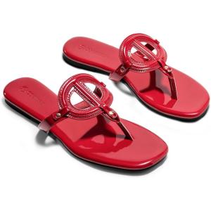 Coutgo Womens Flat Thong Sandals Square Open Toe Flip Flops Slip On Slides Dressy Summer Beach Shoes(Red)