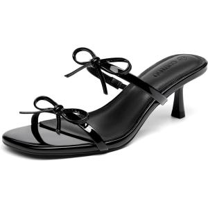Coutgo Womens Kitten Heels Sandals Bow Square Open Toe Slides Two Strap Slip On Summer Dress Shoes(Black)