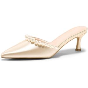 Coutgo Womens Pearl Kitten Heels Mules Closed Pointed Toe Slip On Satin Pumps Wedding Bride Dress Shoes(Champagne Gold)