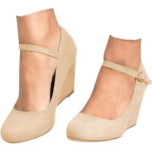 Coutgo Womens Wedge Pumps Dressy Mary Jane Shoes Comfort Wedges Closed Toe Ankle Strap Heeled Shoes(Nude)