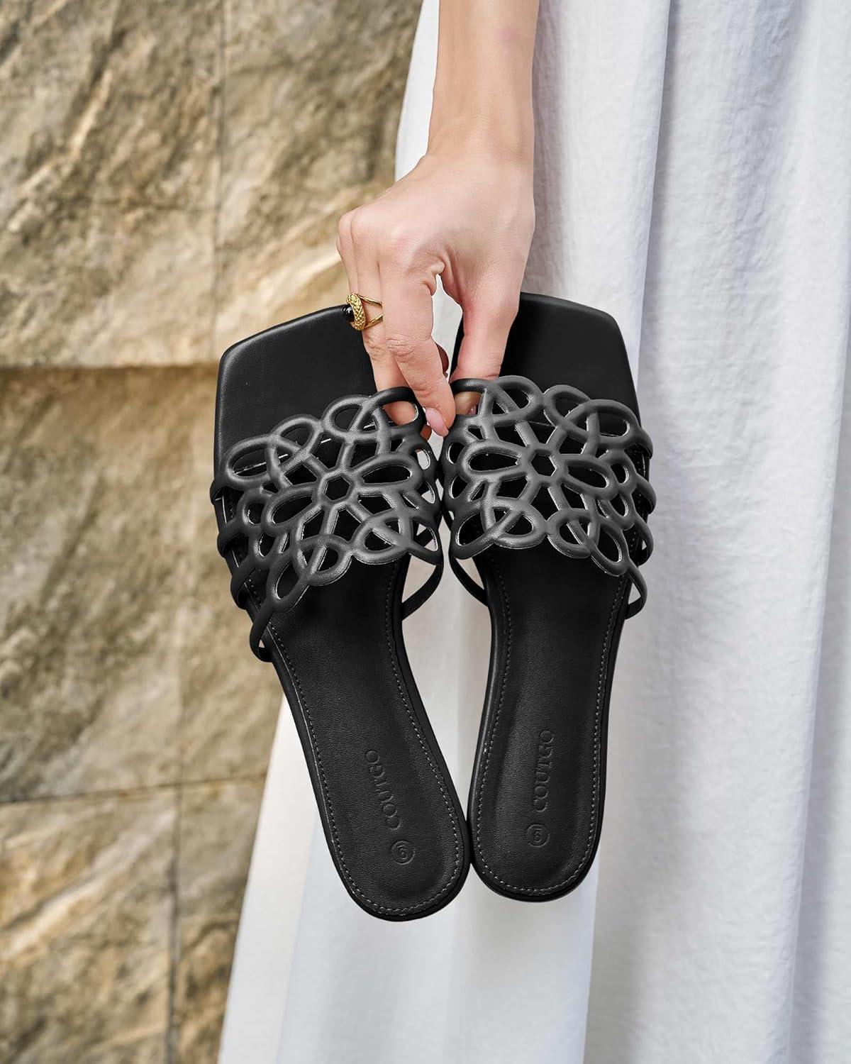 image:imageCoutgo Womens Flat Sandals Comfortable Square Open Toe Slides Slip On Summer Dressy Beach ShoesBlack