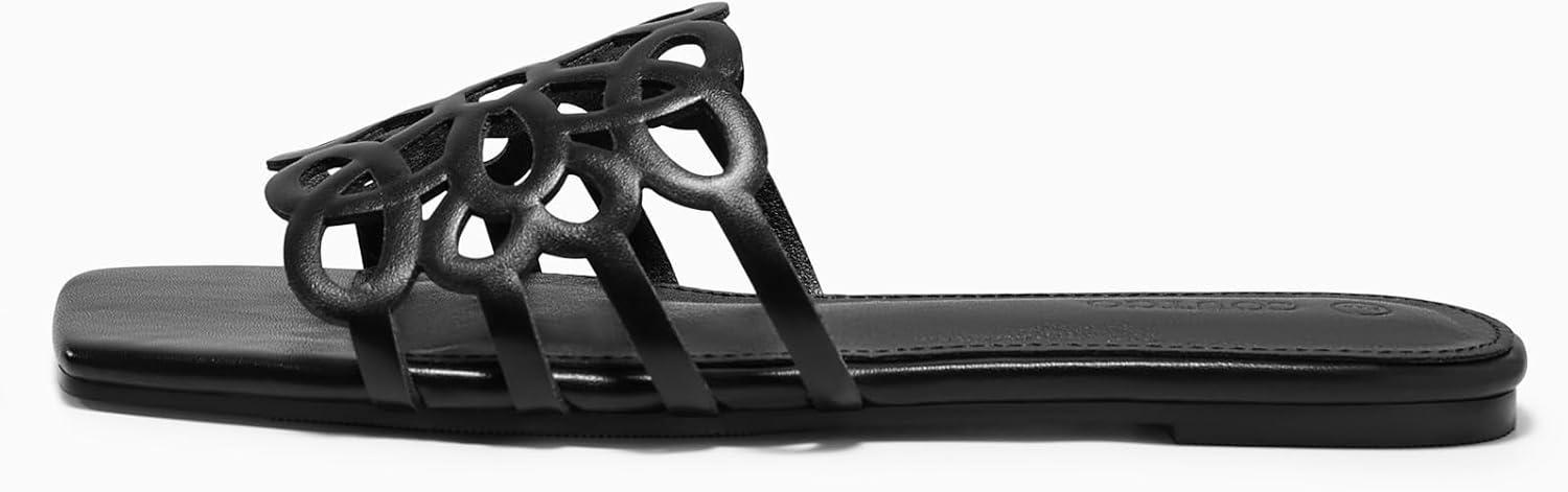 image:imageCoutgo Womens Flat Sandals Comfortable Square Open Toe Slides Slip On Summer Dressy Beach ShoesBlack