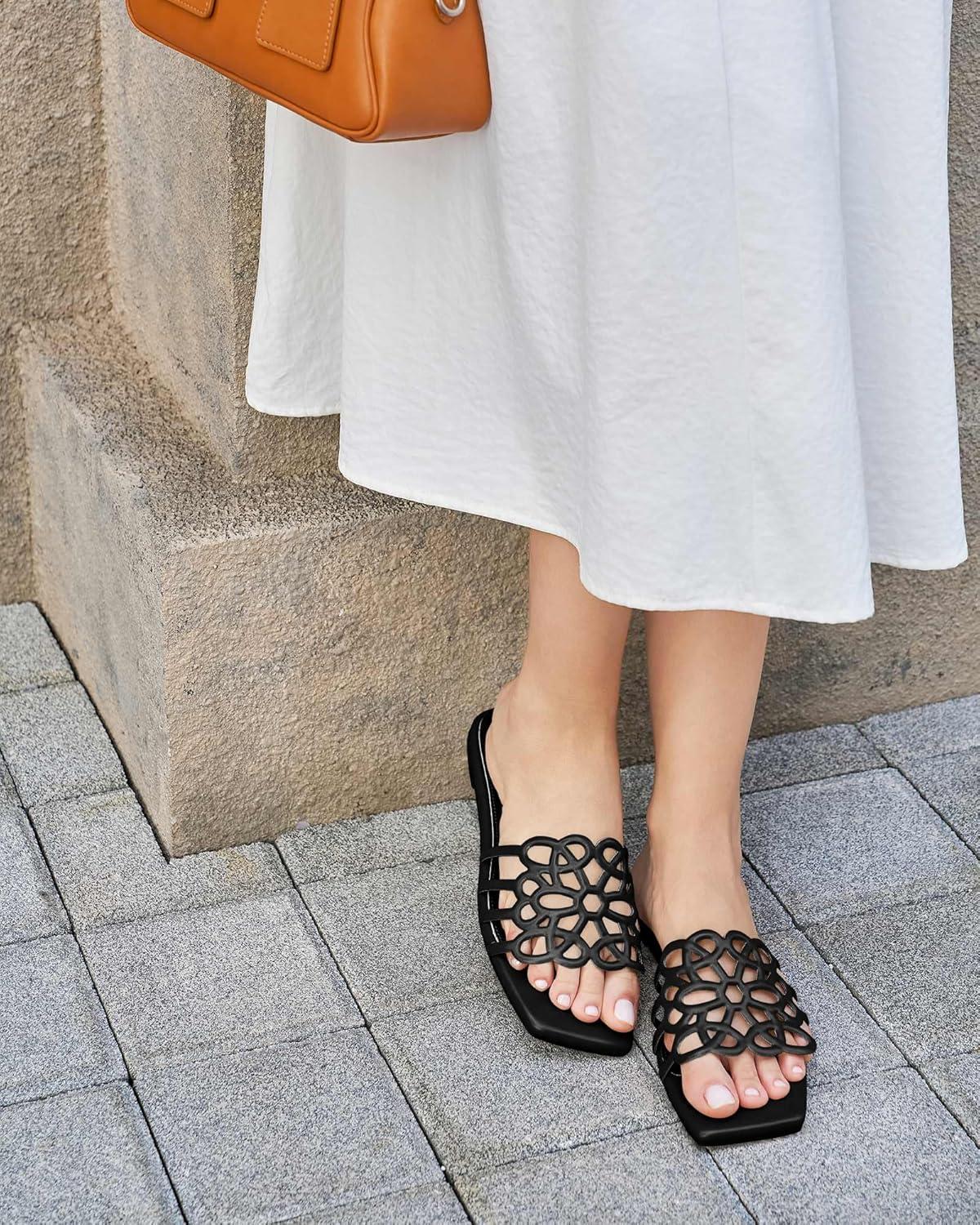 image:imageCoutgo Womens Flat Sandals Comfortable Square Open Toe Slides Slip On Summer Dressy Beach ShoesBlack