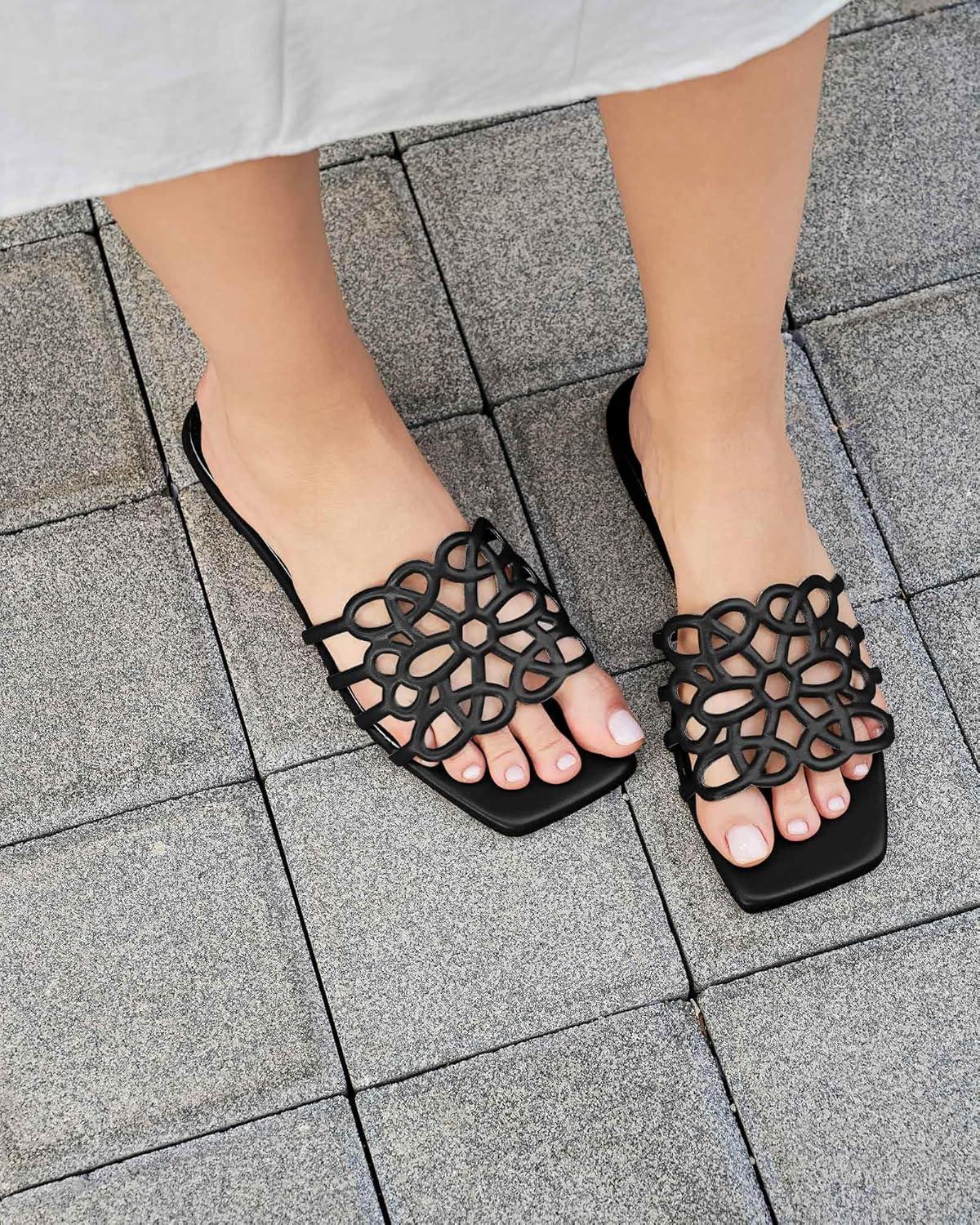 image:imageCoutgo Womens Flat Sandals Comfortable Square Open Toe Slides Slip On Summer Dressy Beach ShoesBlack