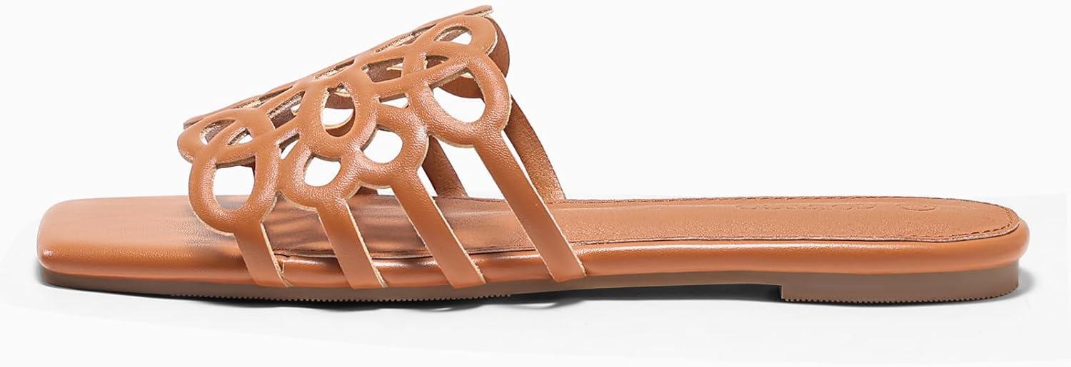 image:imageCoutgo Womens Flat Sandals Comfortable Square Open Toe Slides Slip On Summer Dressy Beach ShoesBrown