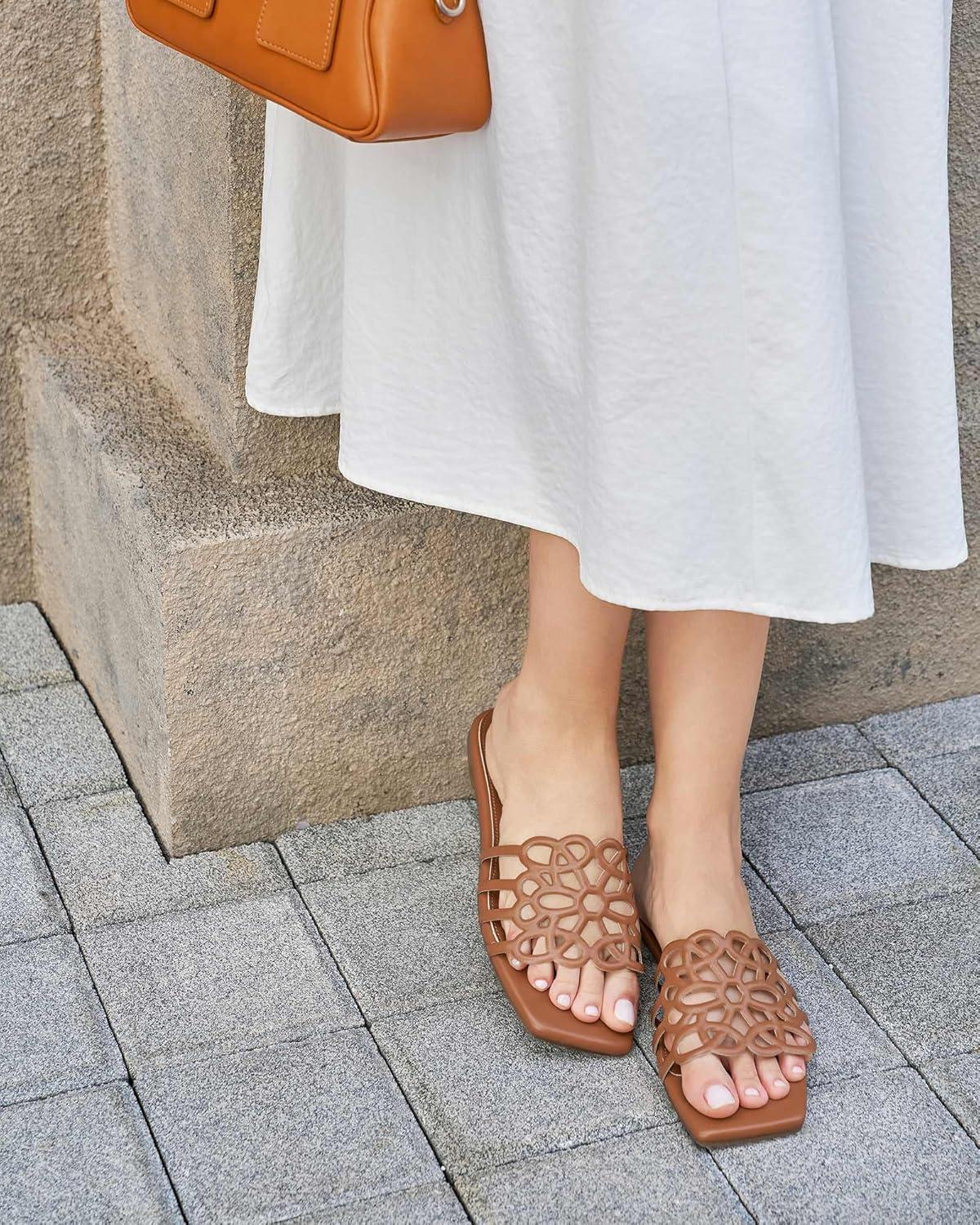 image:imageCoutgo Womens Flat Sandals Comfortable Square Open Toe Slides Slip On Summer Dressy Beach ShoesBrown