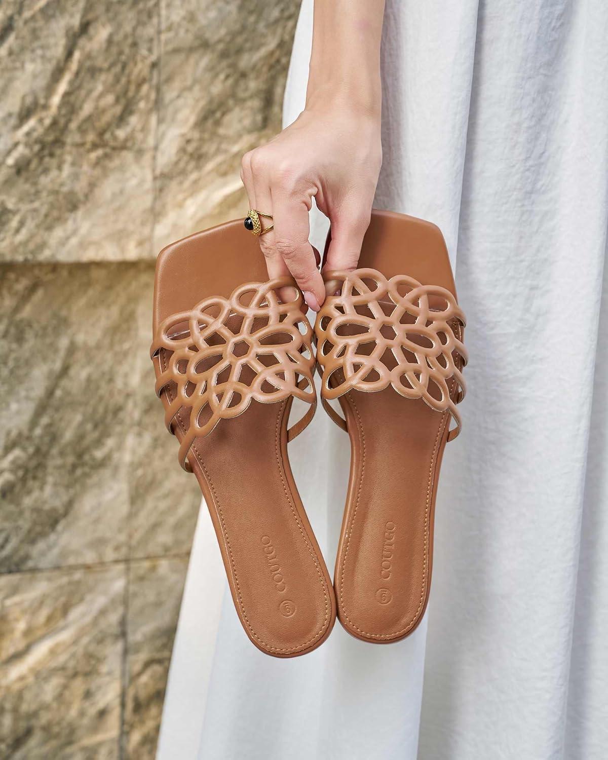 image:imageCoutgo Womens Flat Sandals Comfortable Square Open Toe Slides Slip On Summer Dressy Beach ShoesBrown