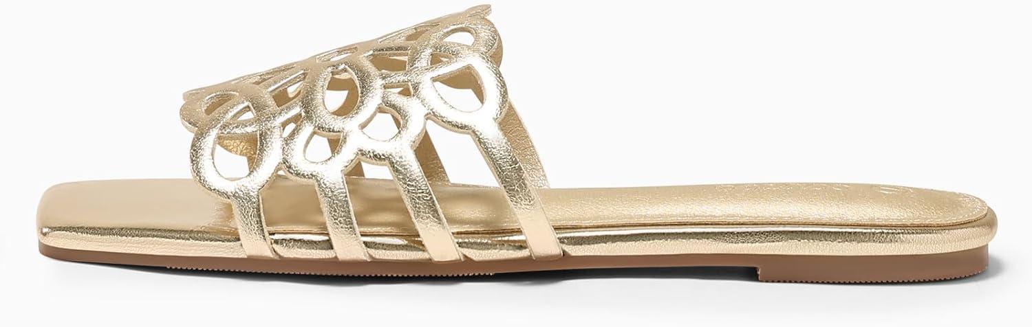 image:imageCoutgo Womens Flat Sandals Comfortable Square Open Toe Slides Slip On Summer Dressy Beach ShoesLight Gold