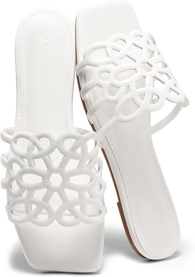 image:imageCoutgo Womens Flat Sandals Comfortable Square Open Toe Slides Slip On Summer Dressy Beach ShoesWhite