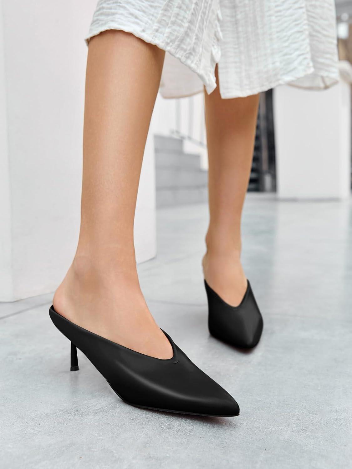 image:imageCoutgo Womens High Heels Mules Closed Pointed Toe Slide Sandals Slip On Summer Dress ShoesPu Black