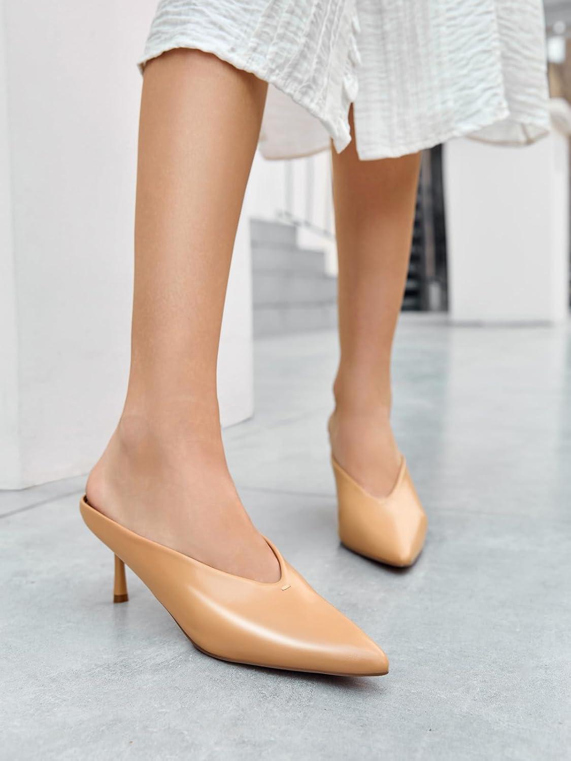 image:imageCoutgo Womens High Heels Mules Closed Pointed Toe Slide Sandals Slip On Summer Dress ShoesPu Khaki