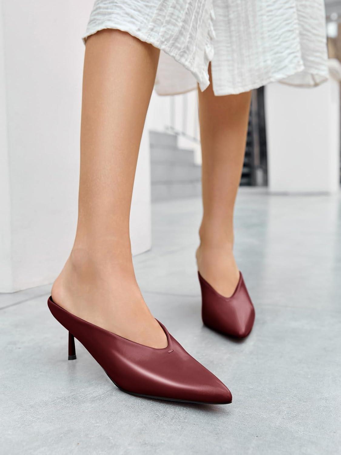image:imageCoutgo Womens High Heels Mules Closed Pointed Toe Slide Sandals Slip On Summer Dress ShoesPu Wine Red