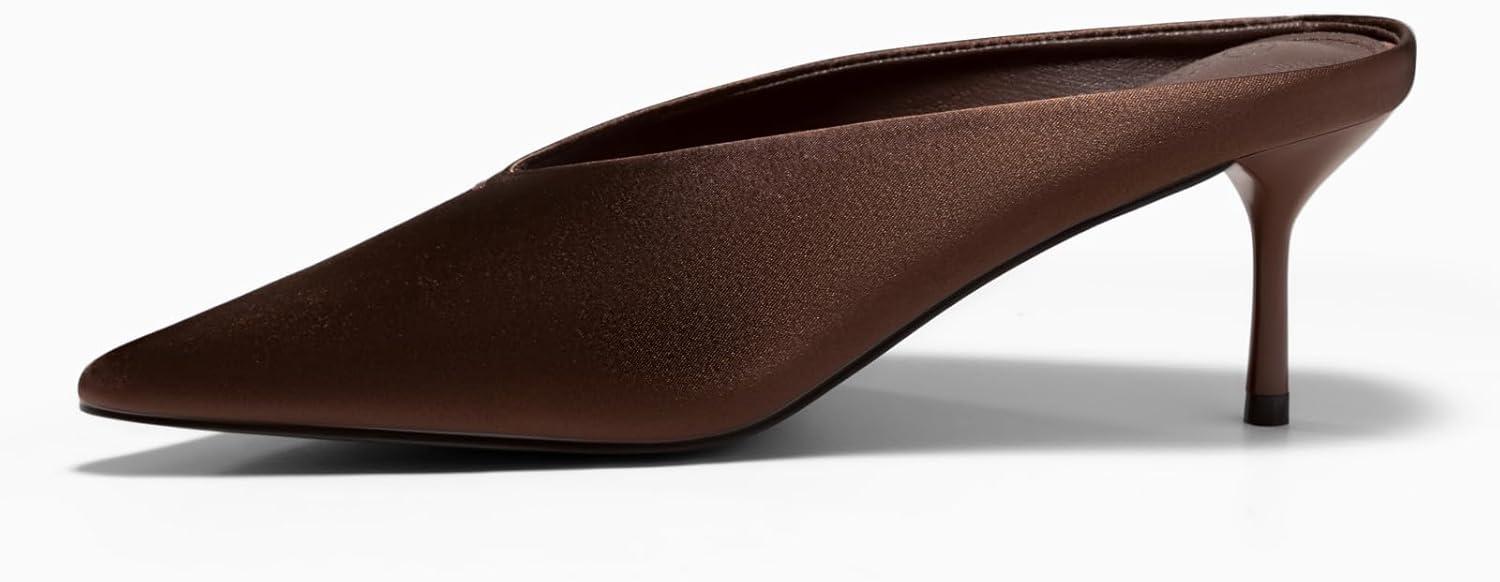 image:imageCoutgo Womens High Heels Mules Closed Pointed Toe Slide Sandals Slip On Summer Dress ShoesSatin Chocolate Brown