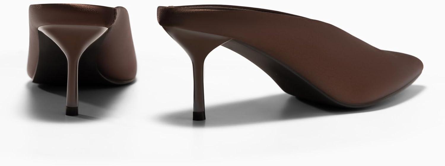 image:imageCoutgo Womens High Heels Mules Closed Pointed Toe Slide Sandals Slip On Summer Dress ShoesSatin Chocolate Brown