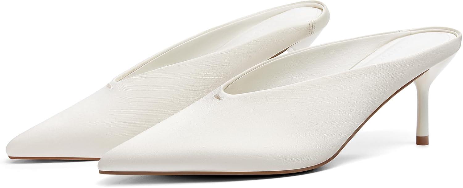 image:imageCoutgo Womens High Heels Mules Closed Pointed Toe Slide Sandals Slip On Summer Dress ShoesSatin Cream White