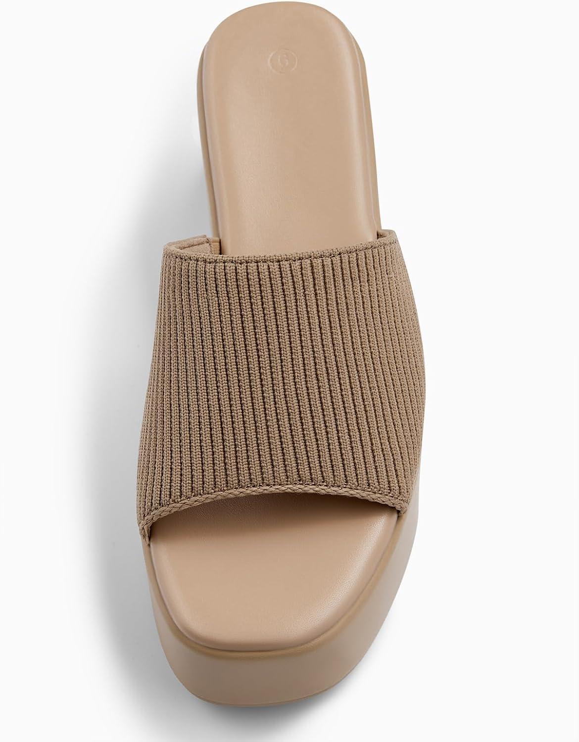 image:imageCoutgo Womens Platform Slides Sandals Square Open Toe Slip On Elastic Band Casual Lightweight Wedge ShoesLight Brown