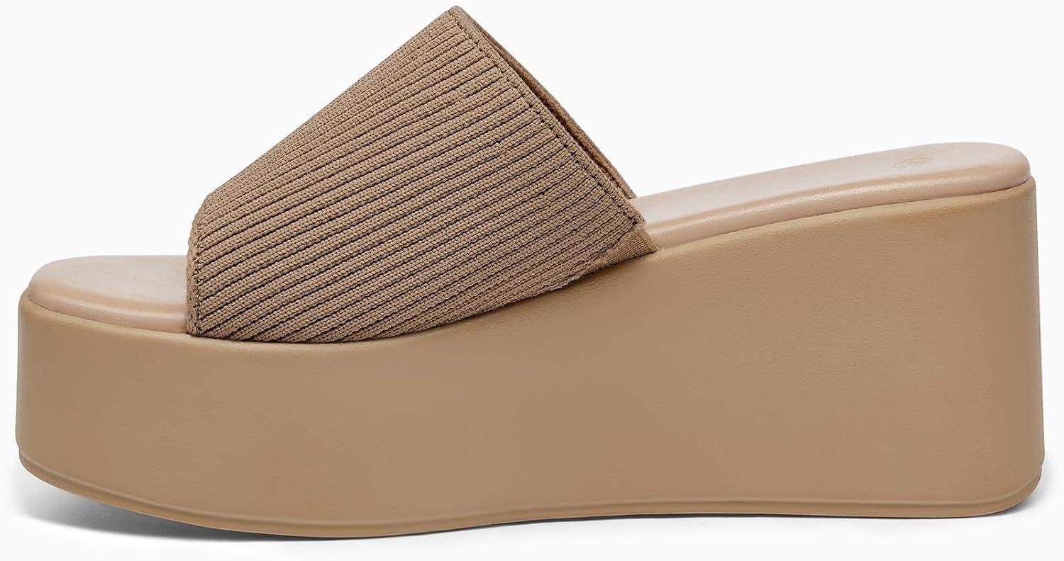 image:imageCoutgo Womens Platform Slides Sandals Square Open Toe Slip On Elastic Band Casual Lightweight Wedge ShoesLight Brown