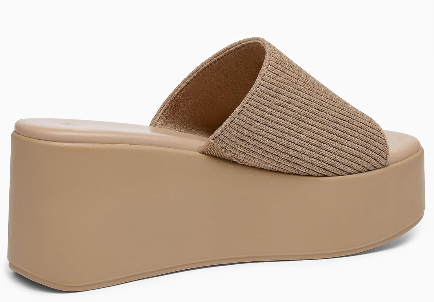 image:imageCoutgo Womens Platform Slides Sandals Square Open Toe Slip On Elastic Band Casual Lightweight Wedge ShoesLight Brown